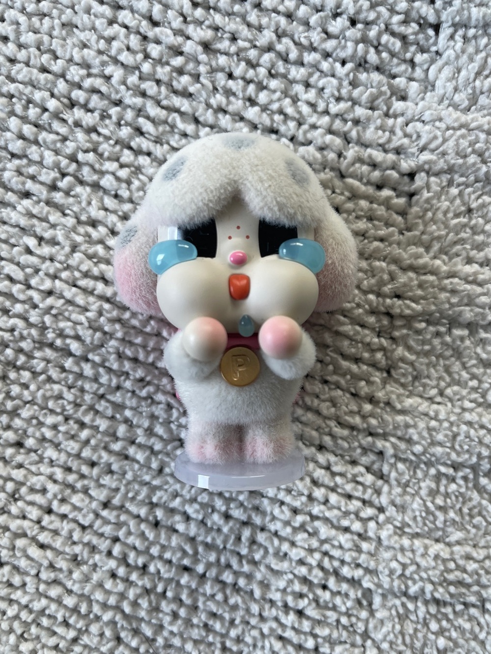 Pop Mart Crybaby Figure Flocked Puppy Doll Gray Hearts Pink Bow Mini Collectible